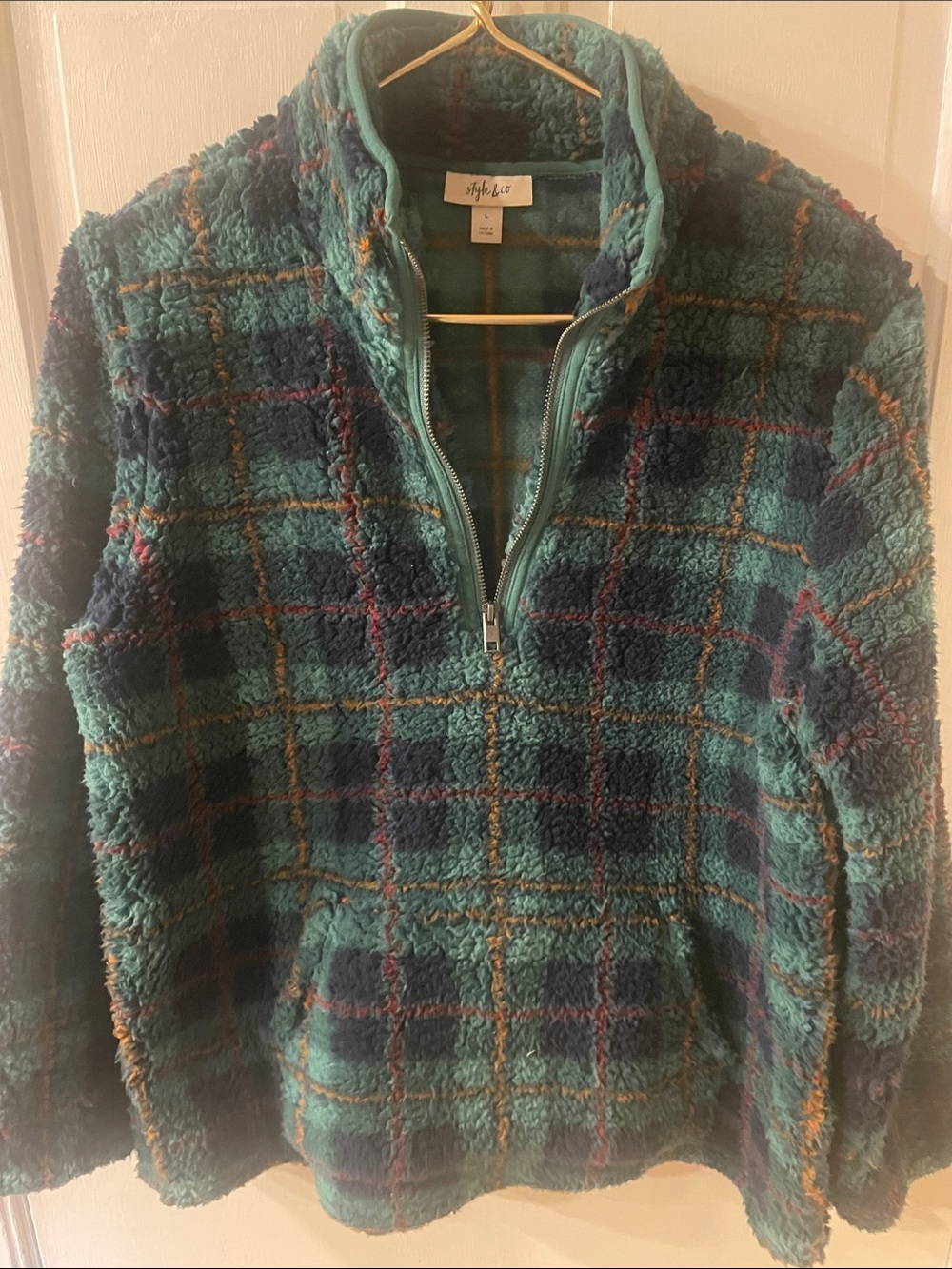 Style & Co. Green and Blue Plaid Sherpa Half-Zip Pullover sweatshirt